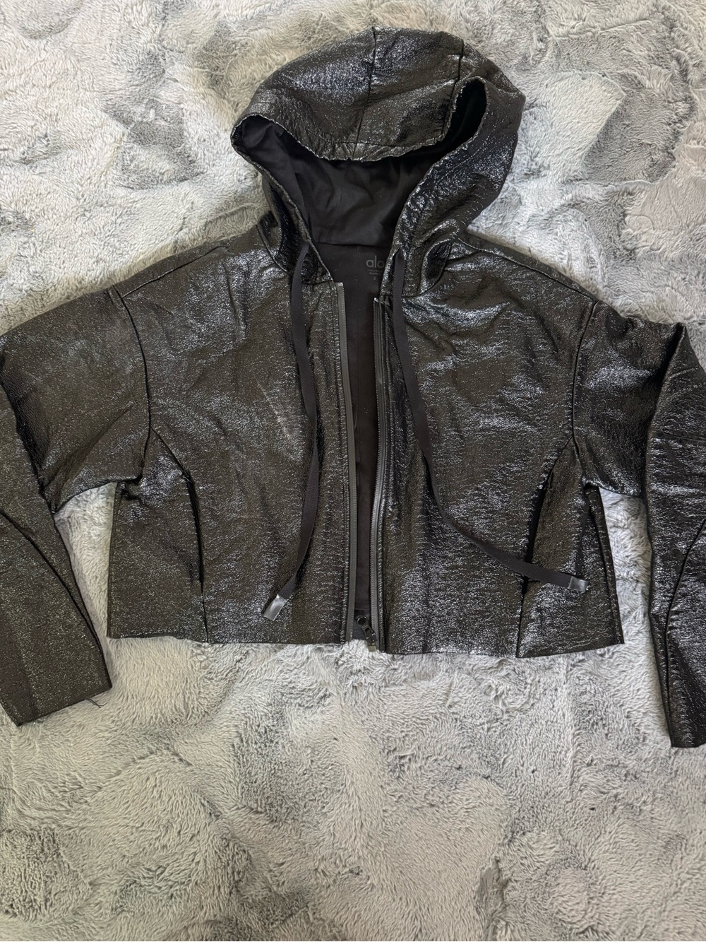 ALO Yoga Metallic Black Cropped Bomber Hoodie